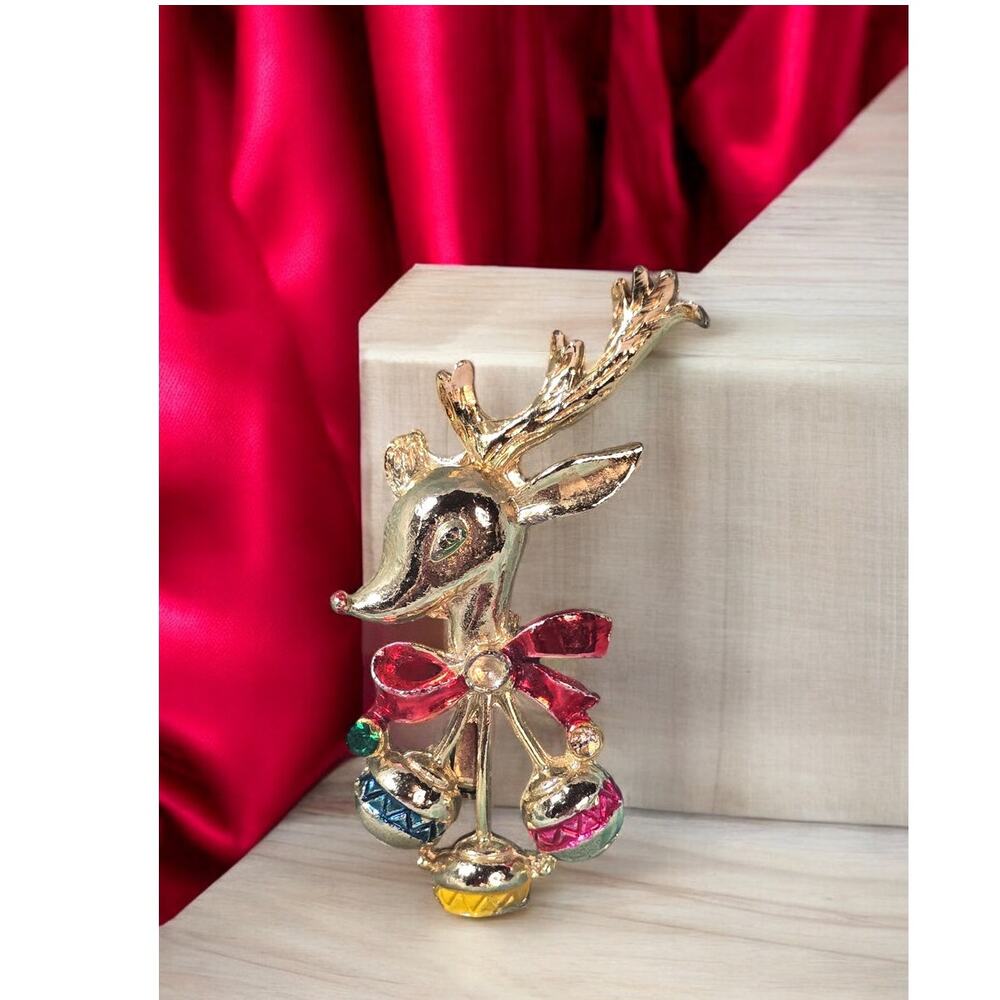 Rudolph Reindeer Brooch Pin Rhinestone Bow Gold Tone B.J. Holiday Heirloom